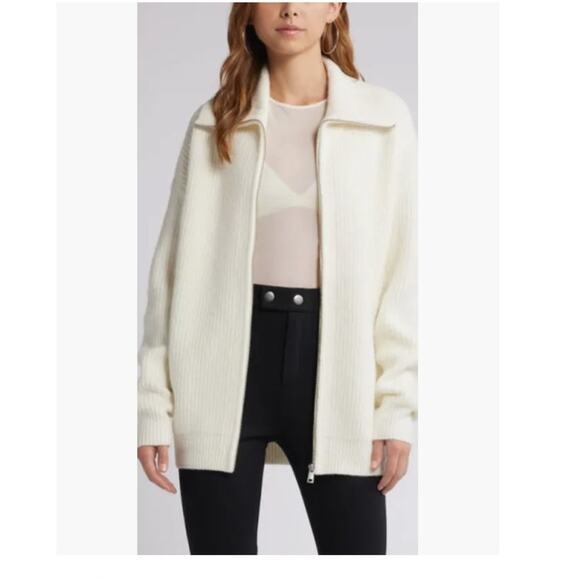 NWT Open Edit Oversize Rib Zip Sweater in Ivory Dove Cream Medium - Picture 1 of 6